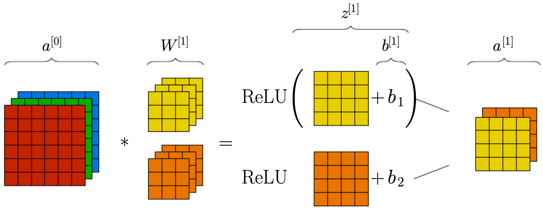 One-layer CNN forward pass with convolution, bias, and ReLU